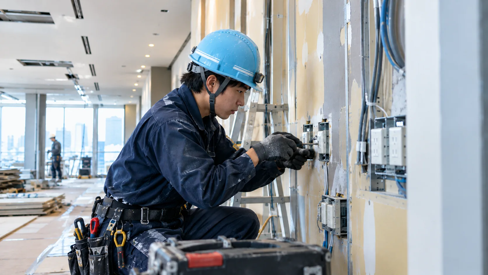 壁面の配線を施工する作業員