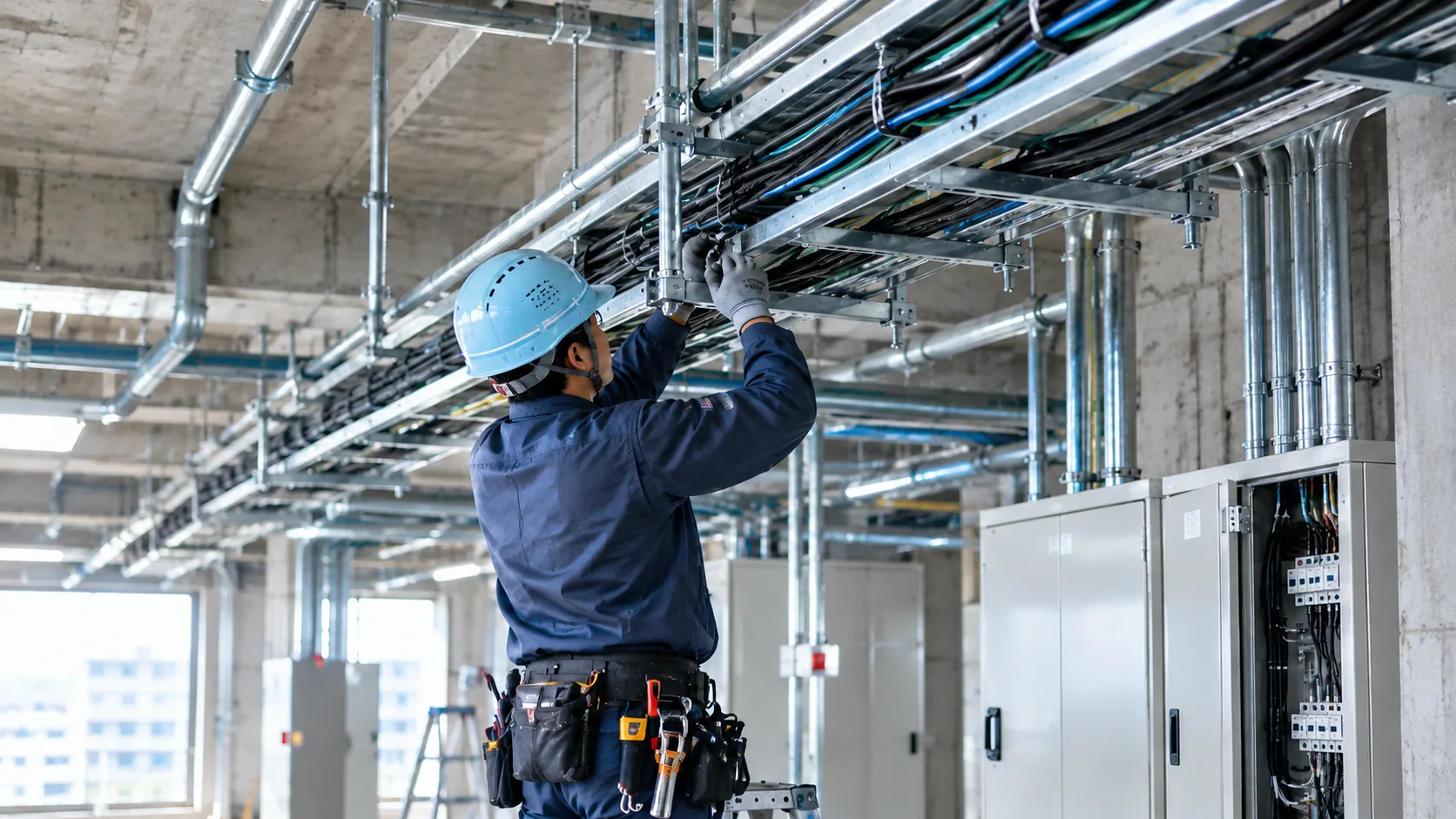 天井の電気設備を施工する作業員